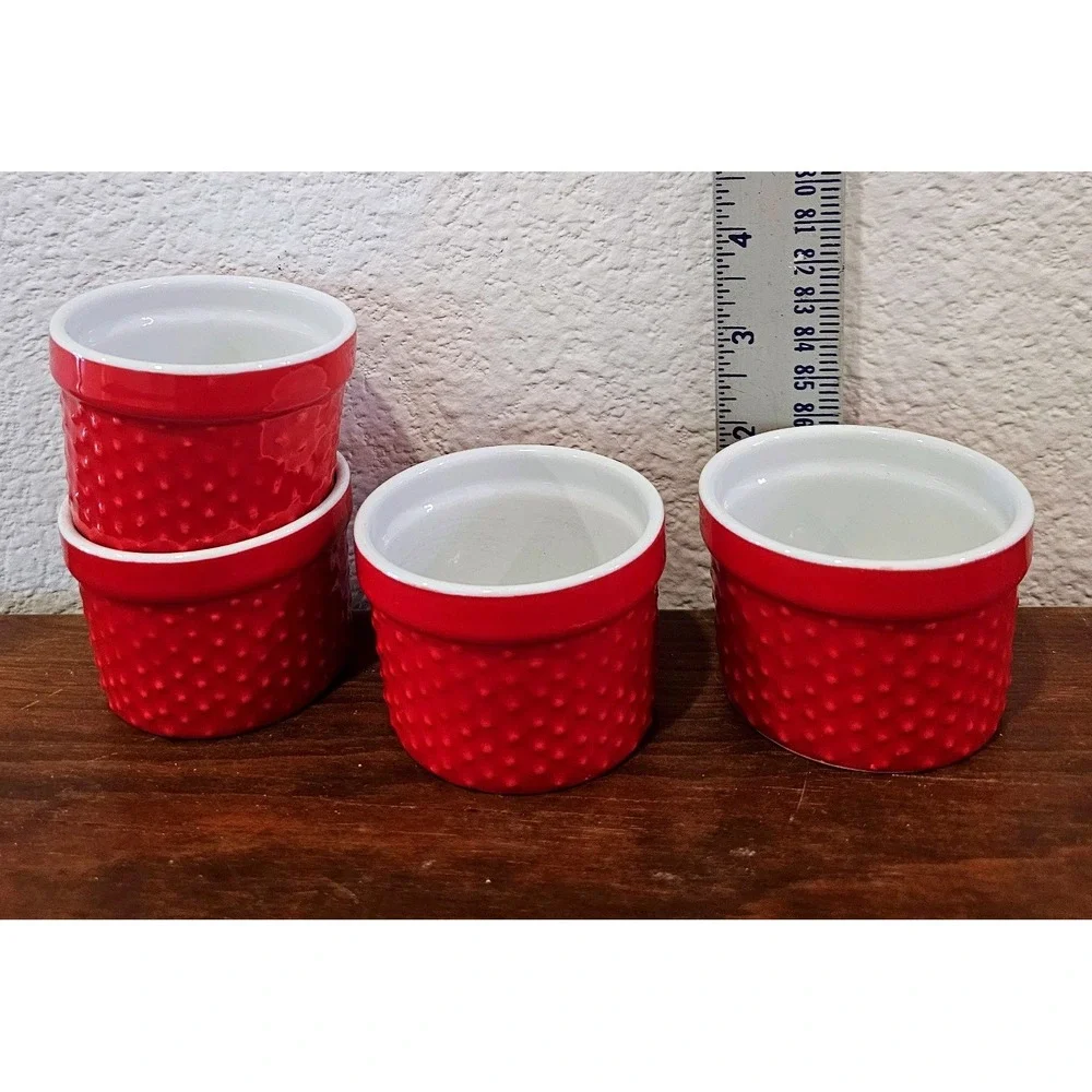 HomeEssentials Minis Set of 4 Red Ramekins Textured Ceramic Mini Baking Molds